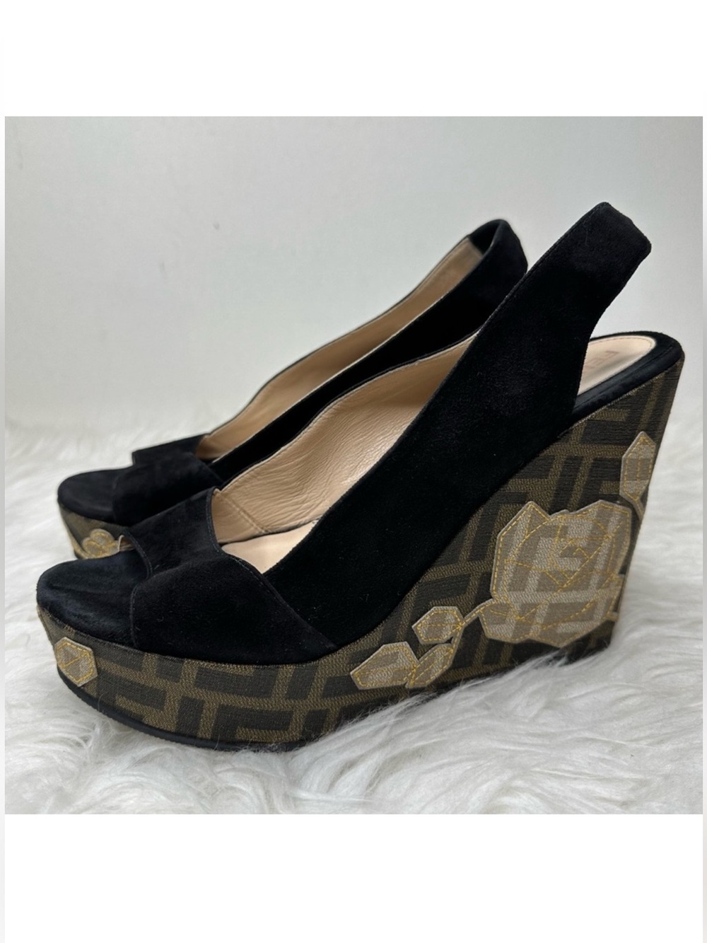 Fendi Women’s Suede Zucca Appliqued Wedge
Platform Slingback Sandals Size 39